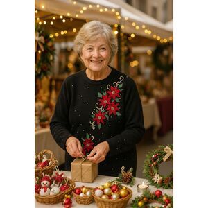 Basic Editions Sweater L Black Bead Embroidered Poinsettia Christmas Grandmacore